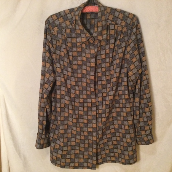 Alfred Dunner, Tan, Blue, Checkered Tops - Alfred Dunner Women’s Checked  Multicolored Blouse